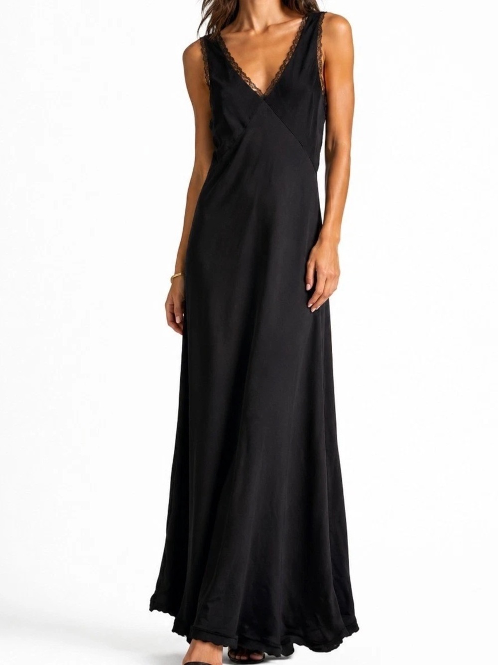 American Eagle Black Lace-Trim V-Neck Slip Maxi Dress